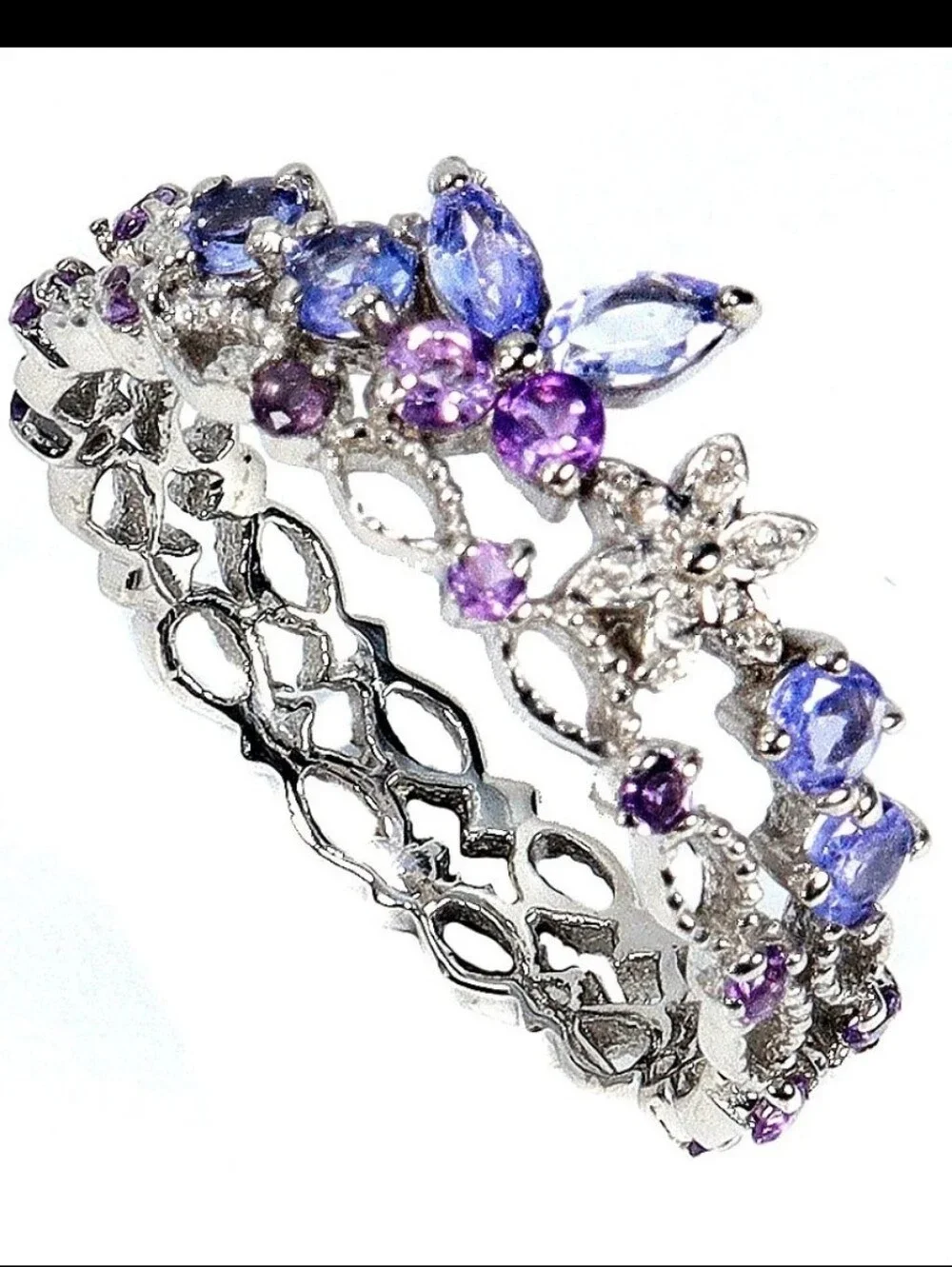 Butterfly Floral Tanzanite & Amethyst Faceted Gemstone Ring Size 7